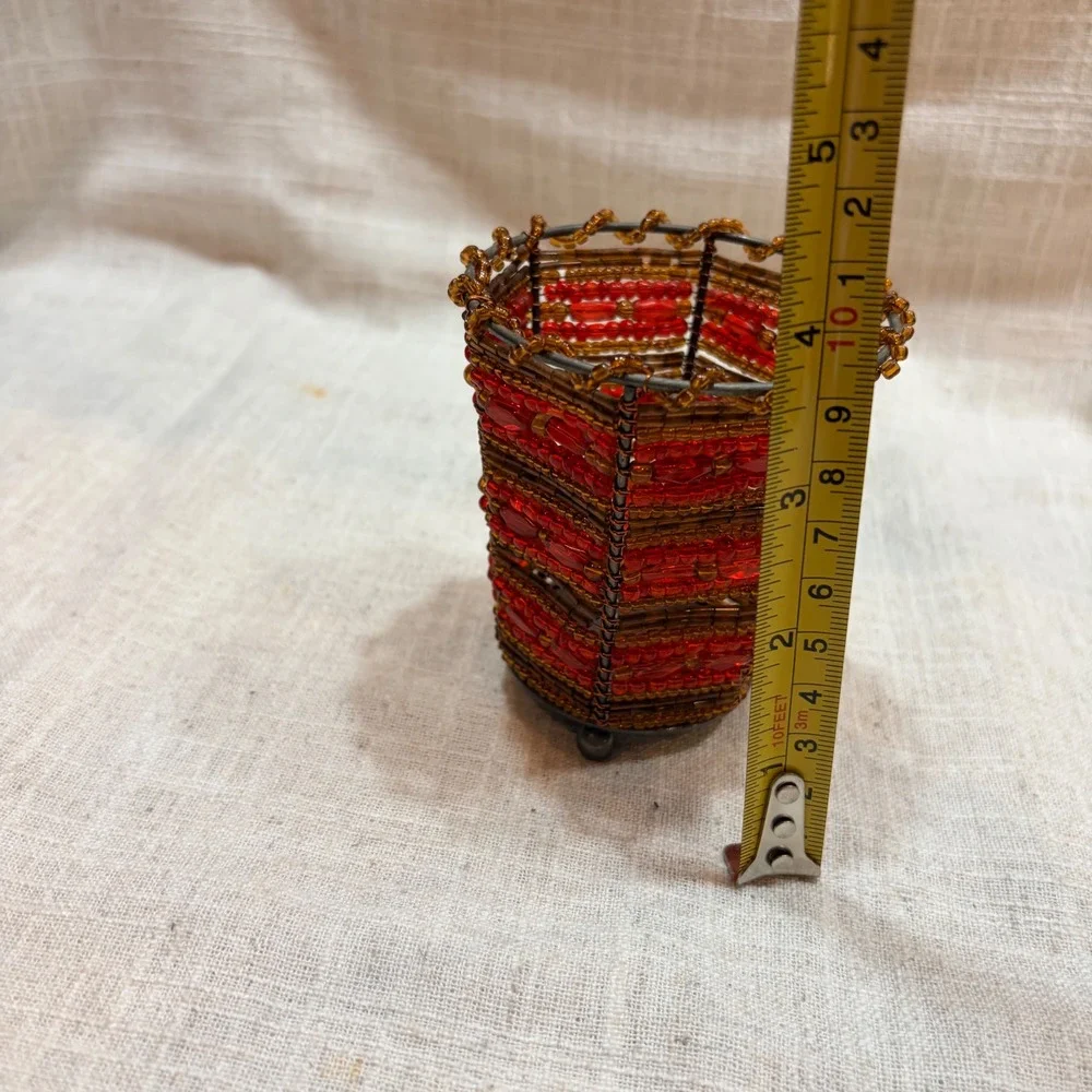PartyLite Beaded Votive Candle Holder Red Amber Bronze Wire Footed Boho Decor - Picture 6 of 7